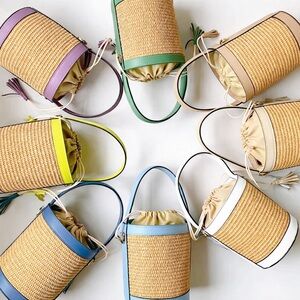 Colores Collective Italian Leather Straw Bucket Bag Green Crossbody